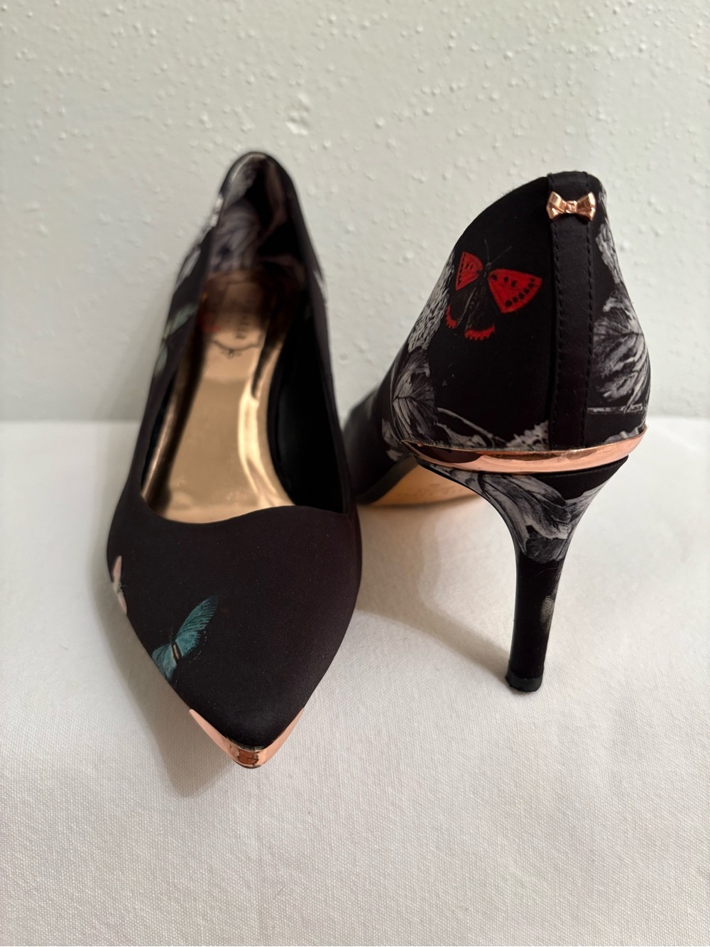 Ted Baker Black Butterfly Print Pointed-Toe Pumps with Rose Gold Trim